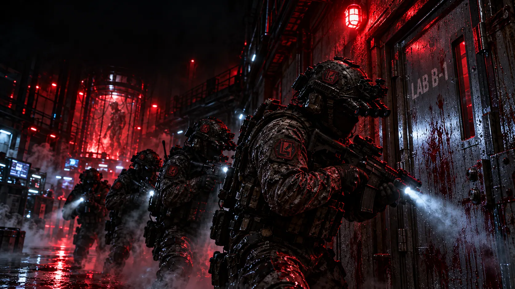 A squad breaching a lab door